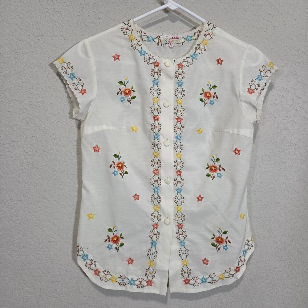 JOY Embroidered Short Sleeve Shirt Womens XXS / XS Floral Top Casual Summer